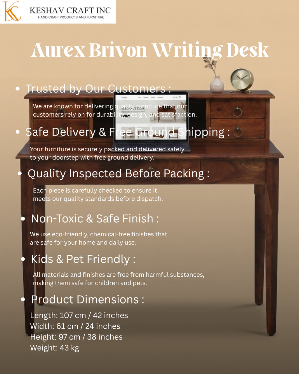Aurex Brivon Writing Desk  in Honey Oak Finish