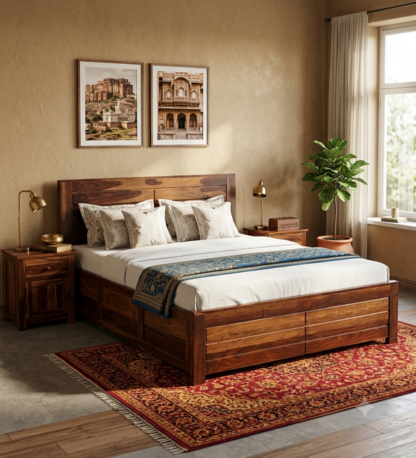 Tavion Panel Hydraulic Storage Bed in Provincial Teak Finish