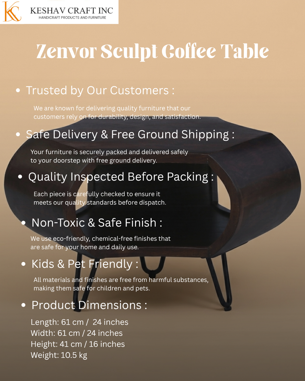 Zenvor Sculpt Coffee Table in Dark Walnut Finish