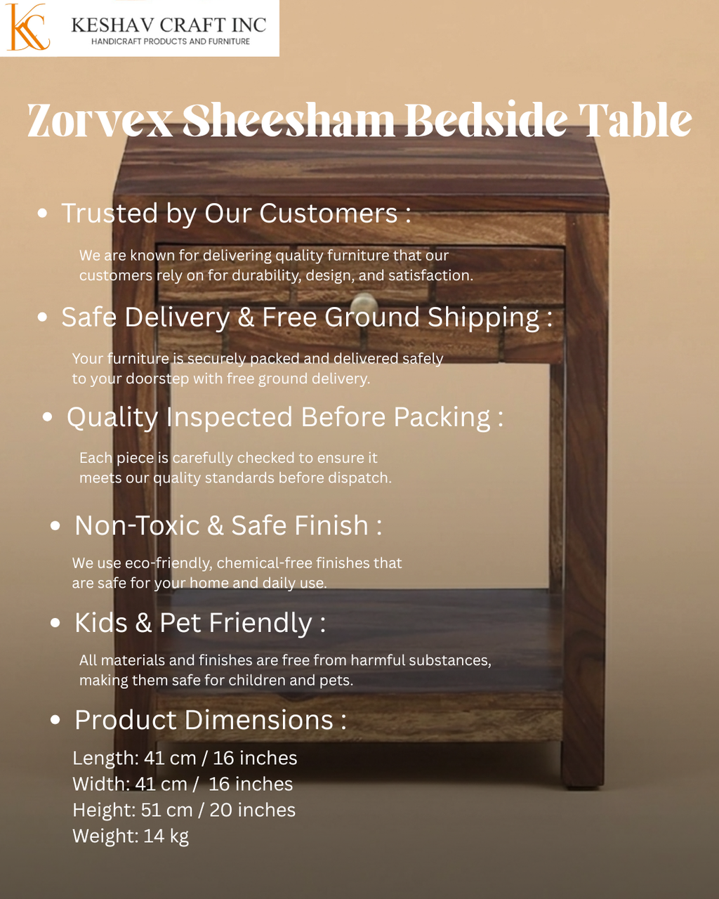 Zorvex Sheesham bedside Table In Provincial Teak Finish