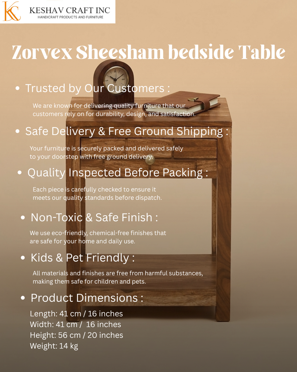 Zorvex Sheesham bedside Table In Rustic Teak Finish