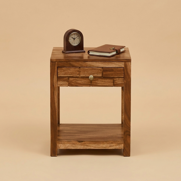 Zorvex Sheesham bedside Table In Rustic Teak Finish