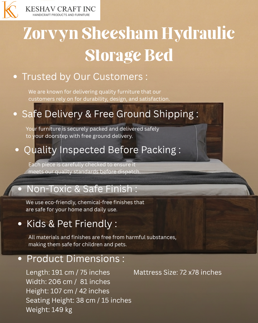Zorvyn Sheesham Hydraulic Storage Bed