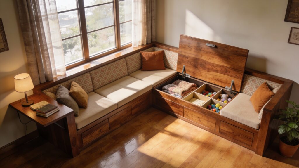 wooden bench with storage
